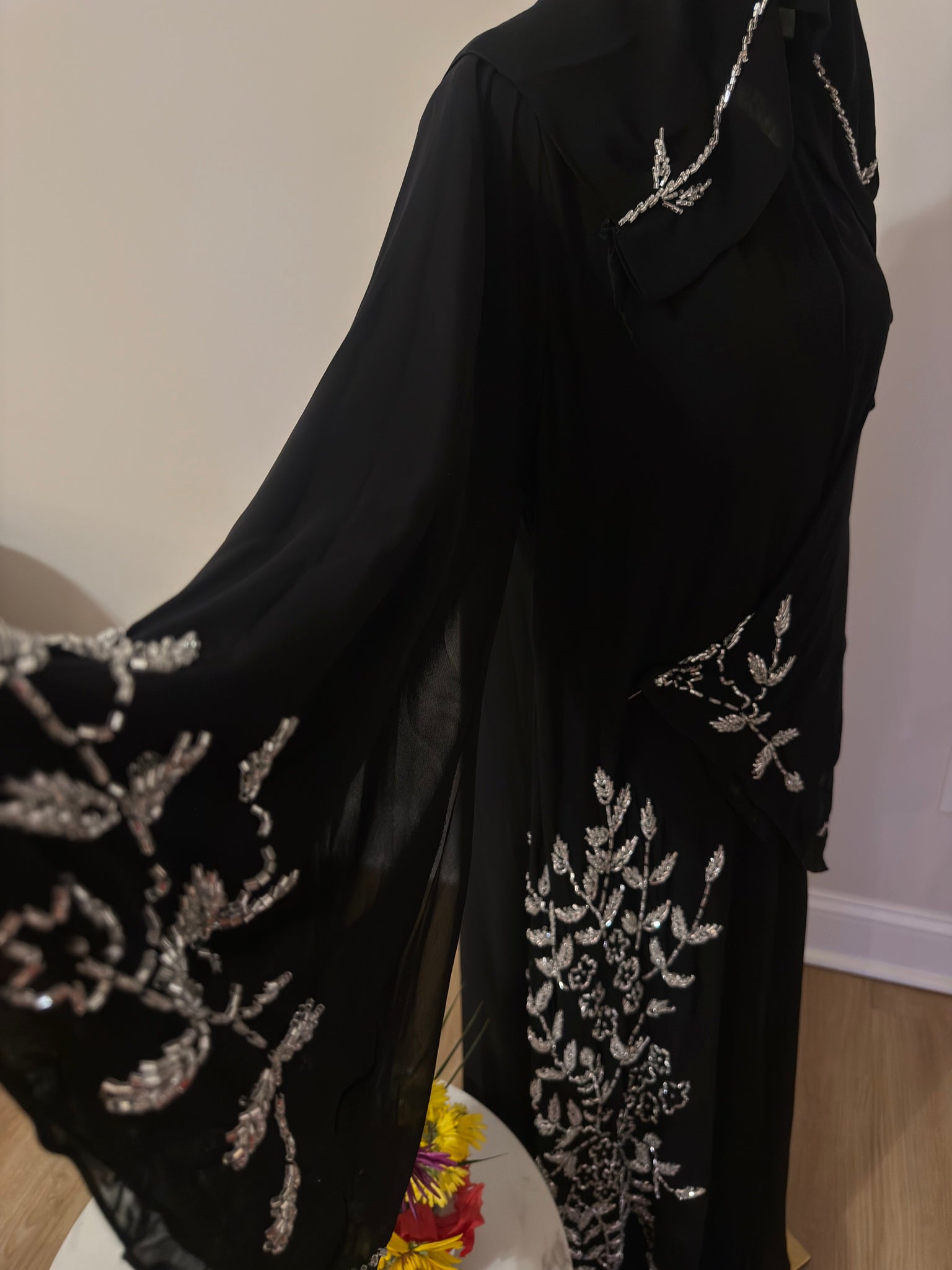 Midnight Silver Bloom Abaya