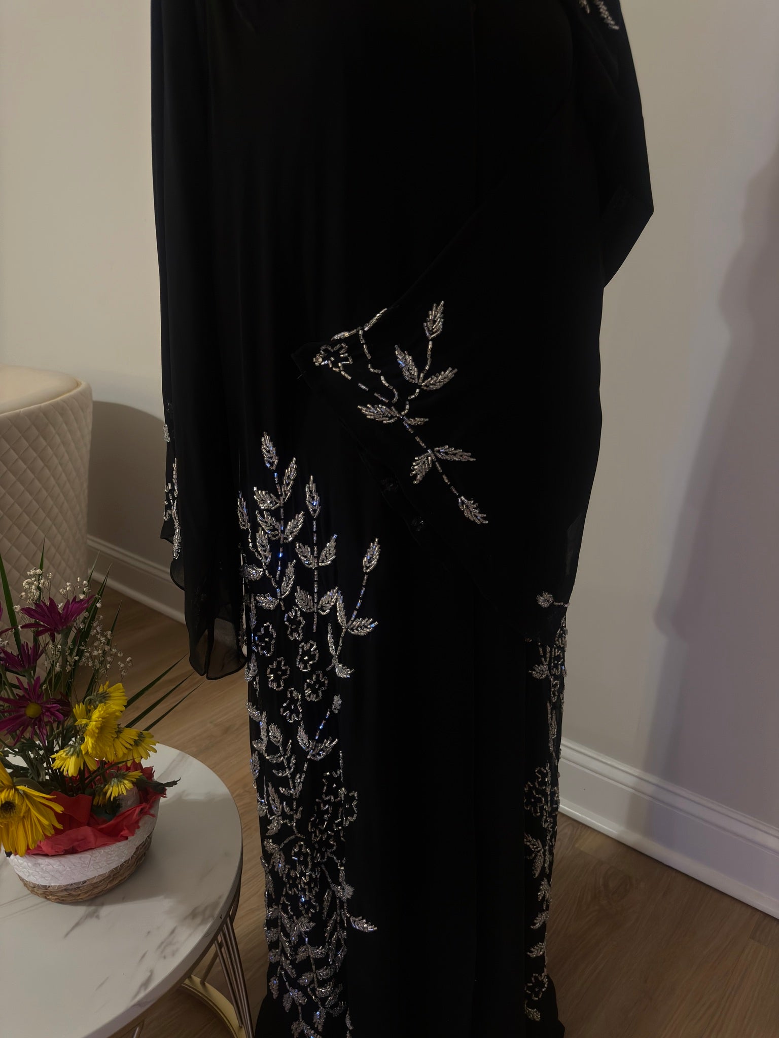 Midnight Silver Bloom Abaya
