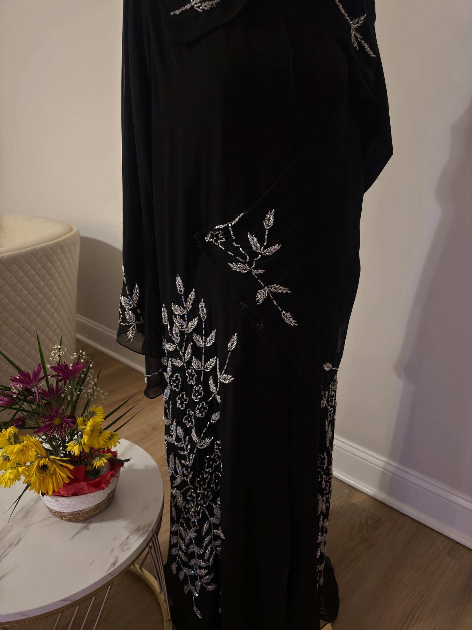 Midnight Silver Bloom Abaya